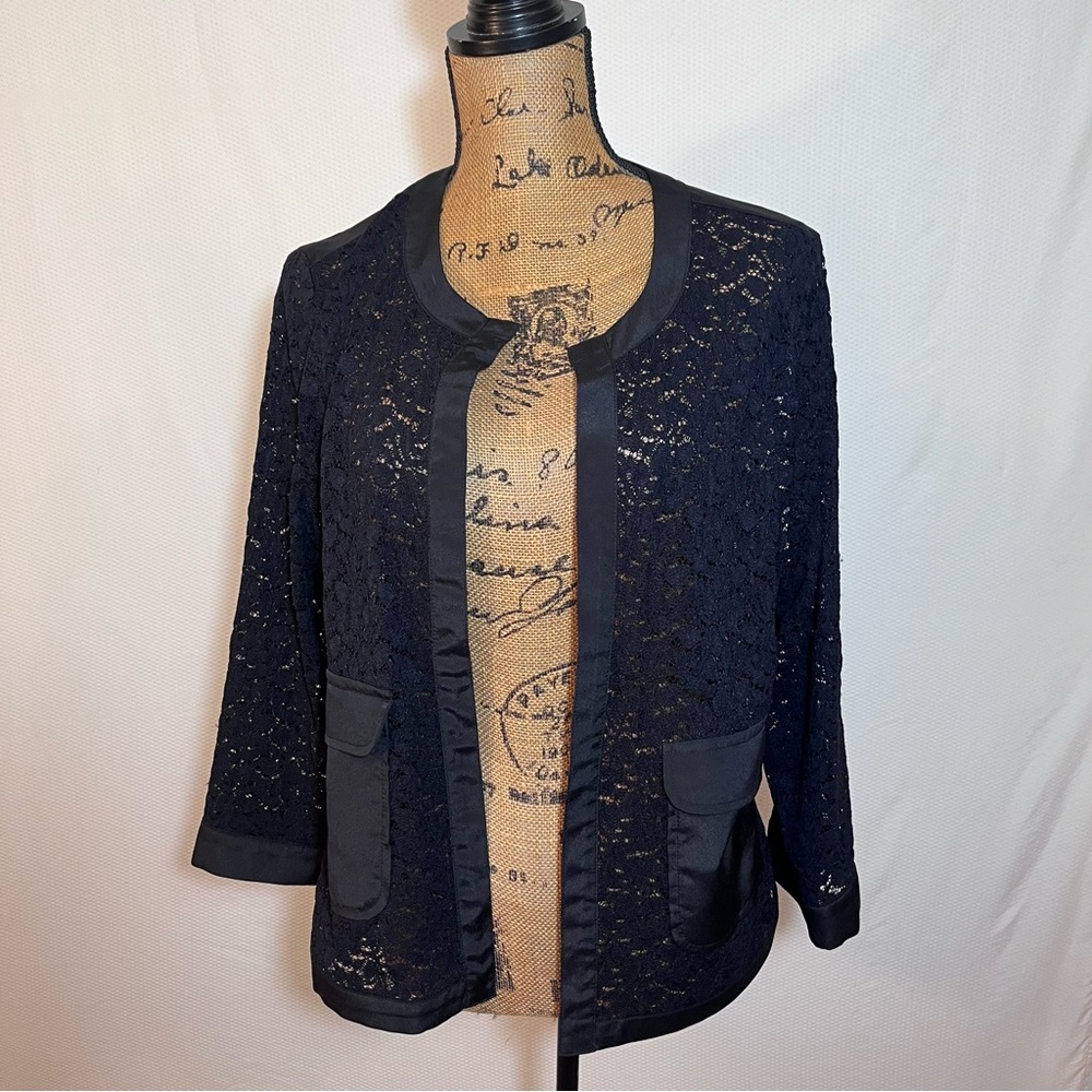 Alfani Black Lace Open Front Jacket Blazer Mixed Media Satin Trim Large L